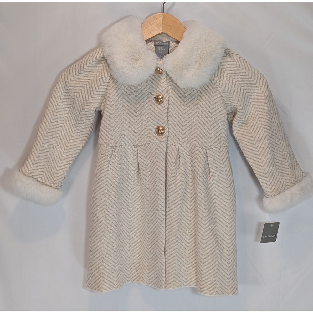 Tahari Girls Beige Gold Chevron Faux Fur Trim Dress Coat Metallic 3T New